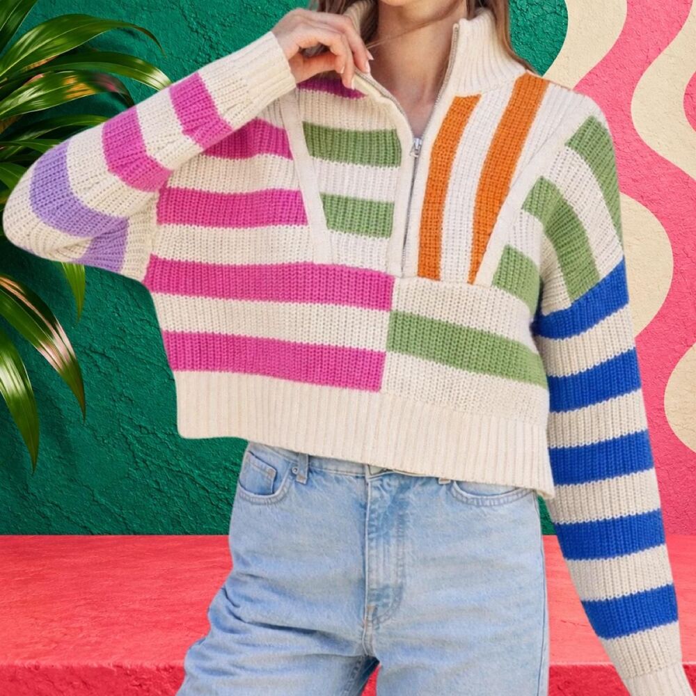 Sincerely Jules Multicolor Striped Quarter Zip Sweater 90s Inspired